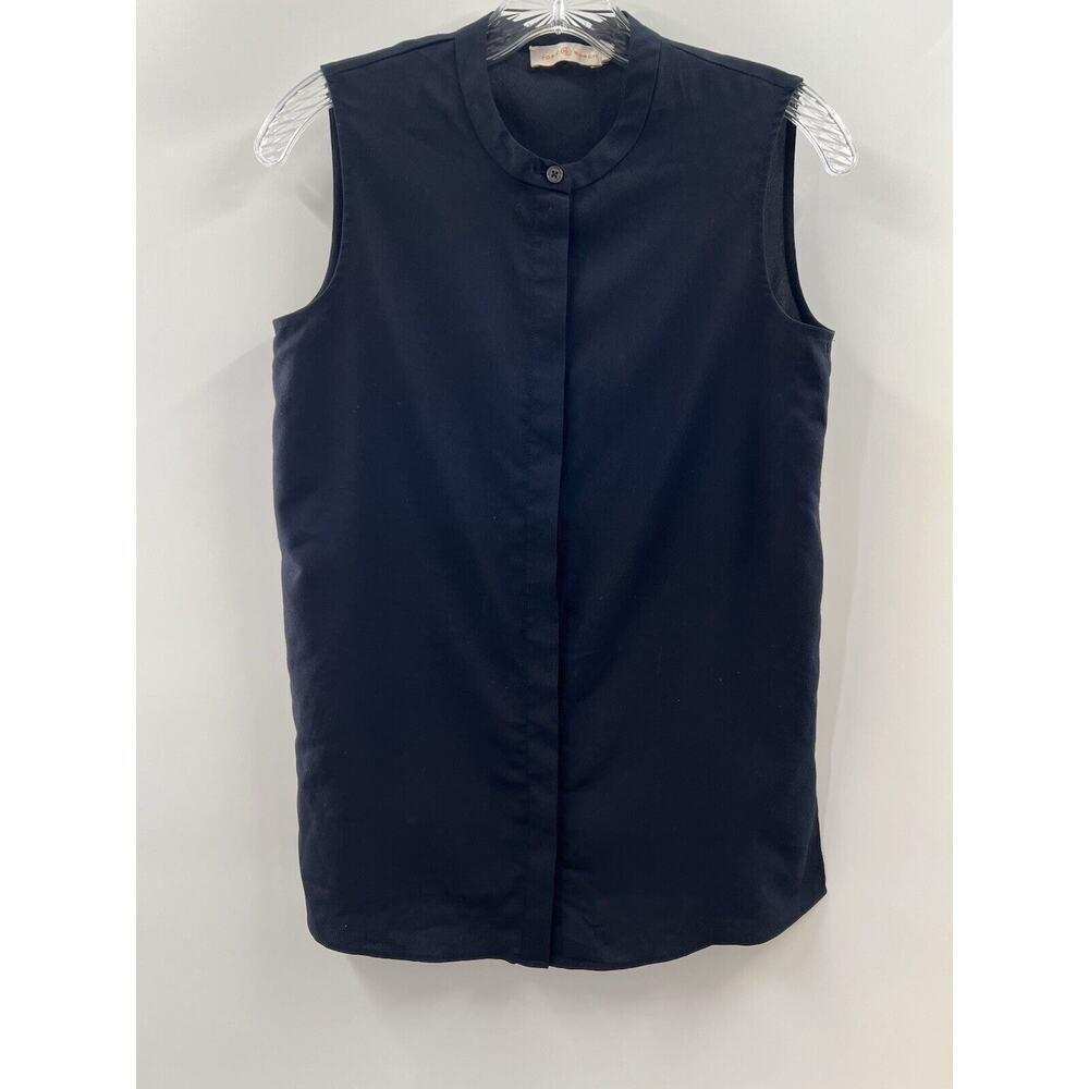 Tory Burch Women’s Sleeveless Button Up Hidden Button Placket Top Navy Blue 2